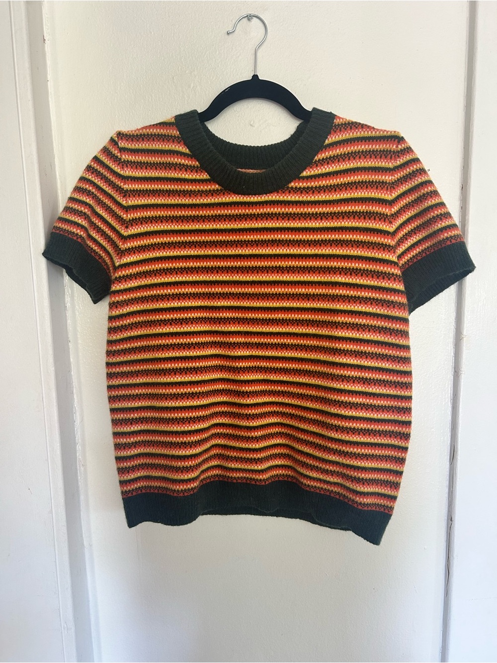 Cider Striped Short-Sleeve Knit Sweater in Green, Red & Yellow